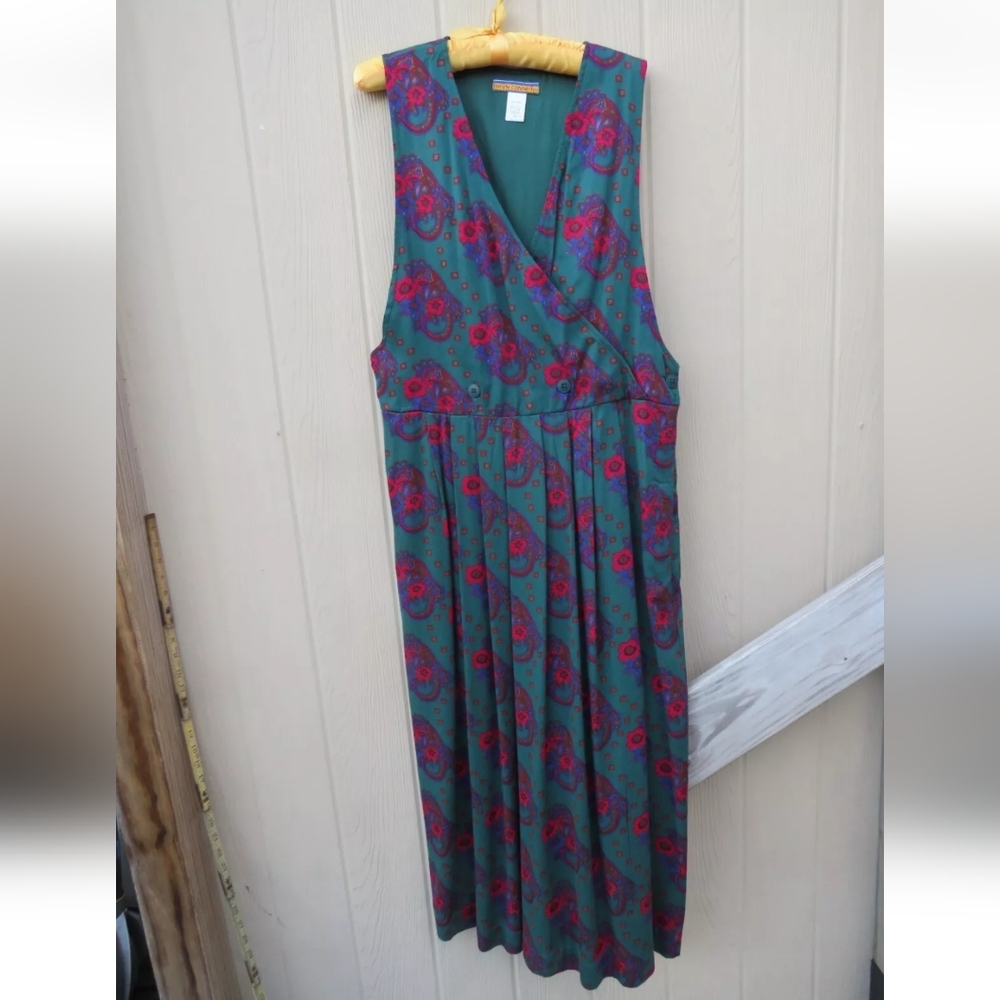 Vintage Bryn Connelly Women Dress Size 12 Jumper Green Pockets Vneck fully lined